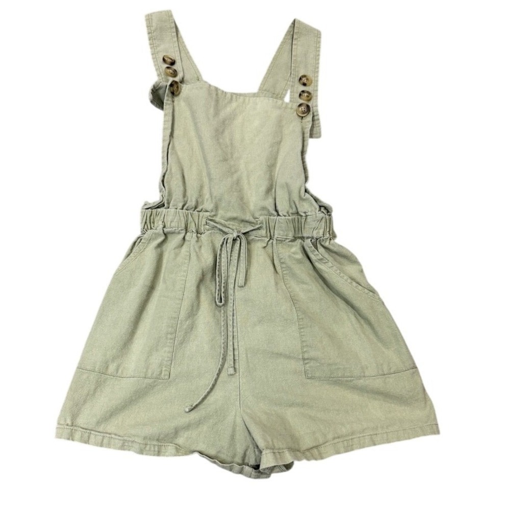 Lulus Sage Green Button Strap Drawstring Waist Pocket Romper Womens Medium‎